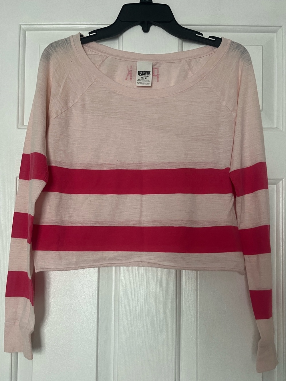 PINK Victoria's Secret Pale Pink and Bright Pink Striped Long Sleeve Crop Top